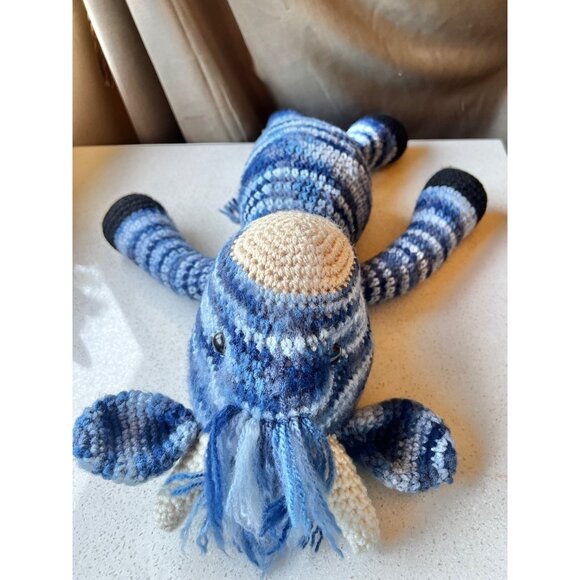 Hand Knitted Blue Striped Cow Toy Stuffed Animal Child’s Snuggle Gift - Picture 8 of 12